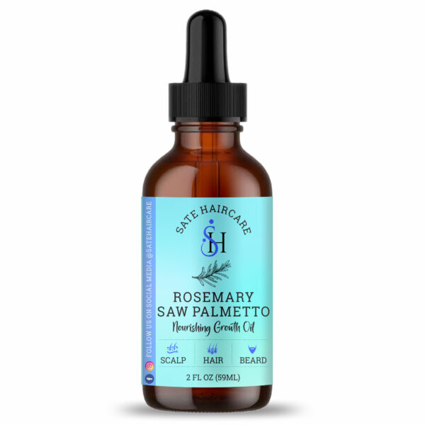 A 2 fl oz bottle of Sate haircare Rosemary Saw Palmetto Nourishing hair growth oil, featuring a dropper top and a light blue label with the text indicating it supports scalp, hair and beard health