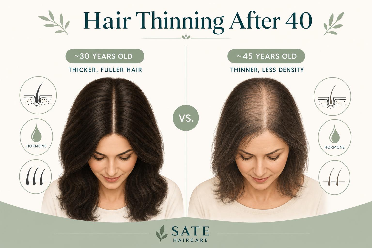 Side-by-side comparison of hair thickness in a woman around age 30 with thick hair versus a woman around age 45 with visibly thinner hair.