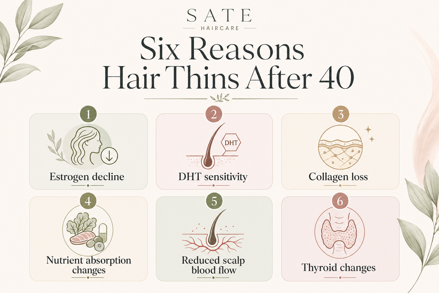 Six reasons hair thins after 40 infographic showing estrogen decline, DHT sensitivity, collagen loss, nutrient absorption changes, reduced scalp blood flow, and thyroid changes.