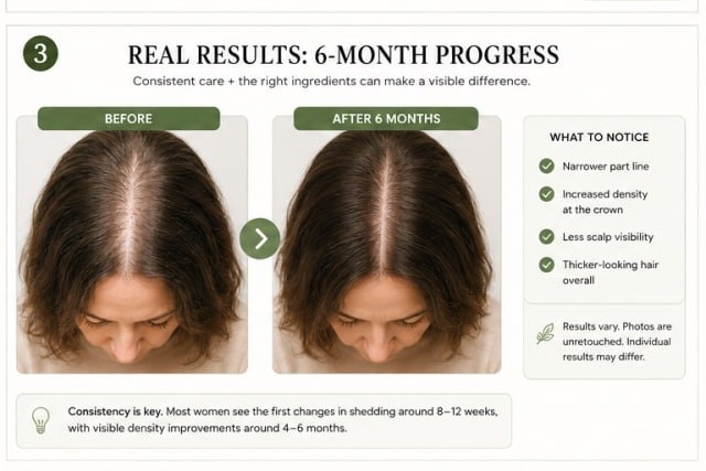 Before and after hair growth infographic showing six-month progress with a thicker part line and fuller hair.