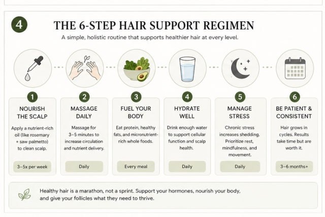 Six-step hair support regimen infographic showing scalp care, massage, nutrition, hydration, stress management, and consistency.