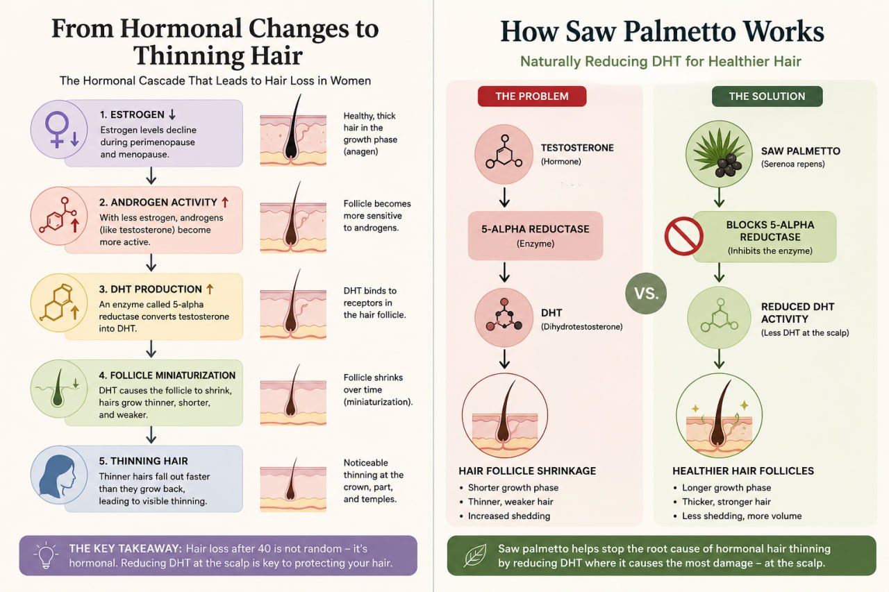 From Hormonal Changes to Thinning Hair and How Saw Palmetto Works: infographic showing the 5-step hormonal cascade from estrogen decline to follicle miniaturization, and saw palmetto's mechanism of blocking 5-alpha reductase to reduce DHT at the scalp
