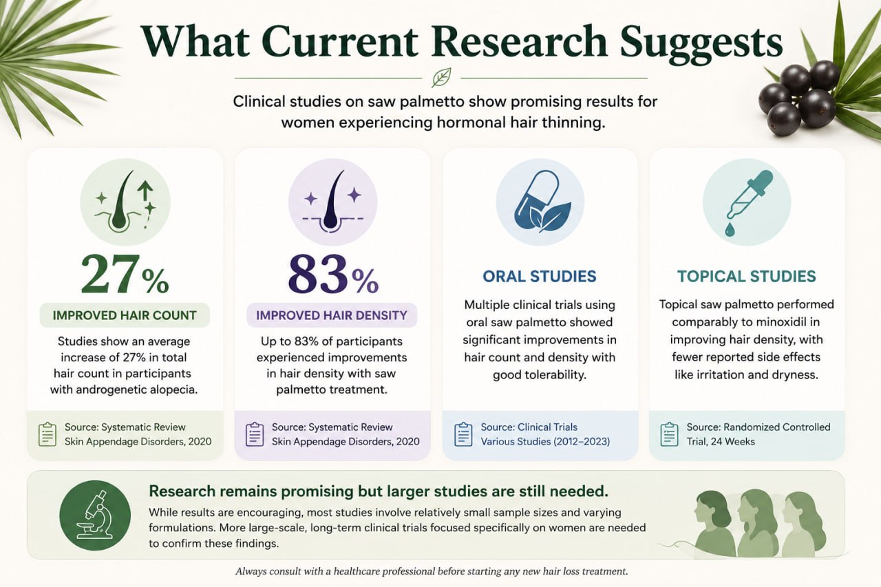 What Current Research Suggests: saw palmetto and women's hair loss infographic showing 27% hair count improvement, 83% hair density improvement, and research limitations