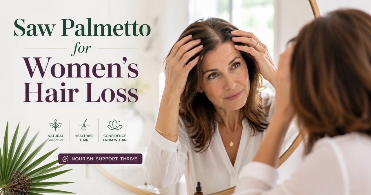 Saw Palmetto for Women's Hair Loss — woman checking her hair in mirror with text: Nourish. Support. Thrive.
